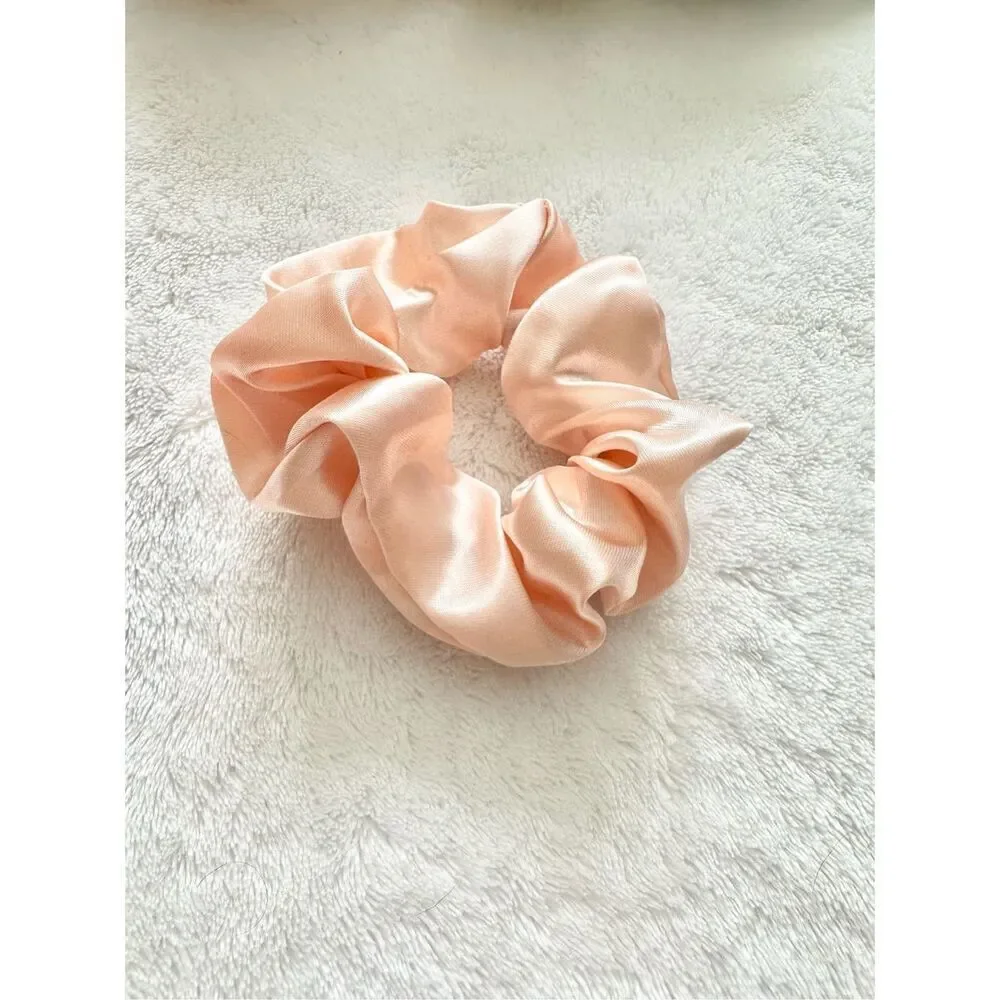 Peachy pink color satin hair scrunchie